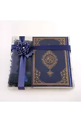 Şal + Seccade + Tesbih + Kuran Hediye Seti (Hafız Boy, Ekonomik Cilt, Lacivert)