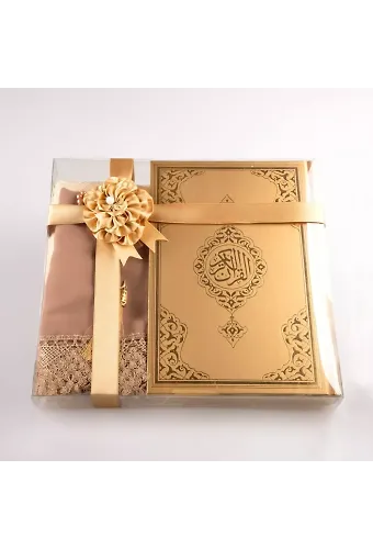 Şal + Seccade + Tesbih + Kuran Hediye Seti (Hafız Boy, Ekonomik Cilt, Gold)