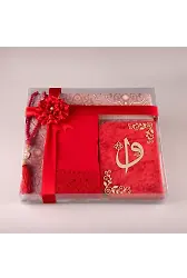Şal + Seccade + Tesbih + Yasin Hediye Seti (Çanta Boy, ElifVav, Raşel Cilt, Kırmızı)