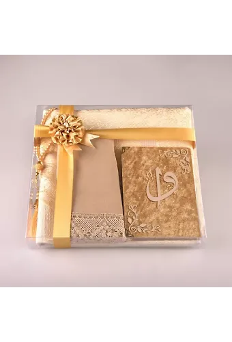 Şal + Seccade + Tesbih + Yasin Hediye Seti (Çanta Boy, ElifVav, Raşel Cilt, Gold)