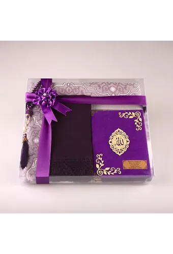 Şal + Seccade + Tesbih + Yasin Hediye Seti (Çanta Boy, Şems Lafzatullah, Raşel Cilt, Mor)