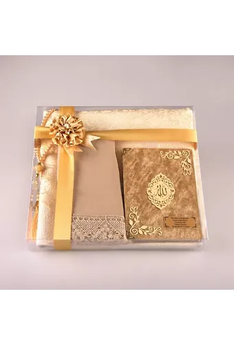 Şal + Seccade + Tesbih + Yasin Hediye Seti (Çanta Boy, Şems Lafzatullah, Raşel Cilt, Gold)