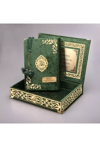 Tesbih + Kuran Hediye Seti (Orta Boy, ŞemsLafzatullah, Gold Pleksi, Raşel Kutu, Yeşil)