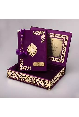Tesbih + Kuran Hediye Seti (Orta Boy, ŞemsLafzatullah, Gold Pleksi, Raşel Kutu, Mor)