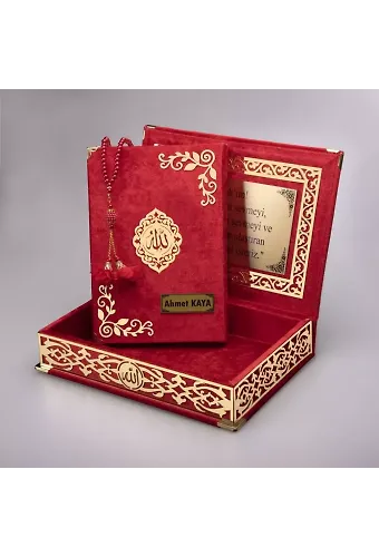 Tesbih + Kuran Hediye Seti (Orta Boy, ŞemsLafzatullah, Gold Pleksi, Raşel Kutu, Kırmızı)