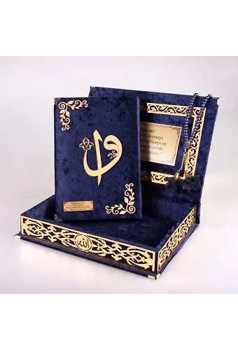 Tesbih + Kuran Hediye Seti (Orta Boy, ElifVav, Gold Pleksi, Raşel Kutu, Lacivert)