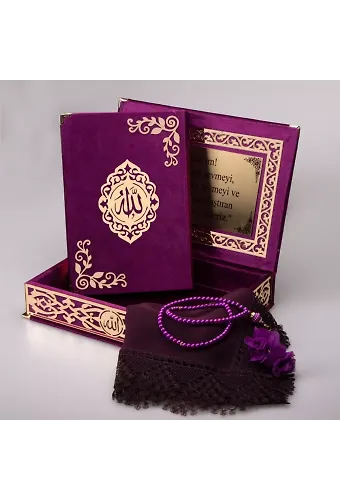 Şal + Tesbih + Kuran Hediye Seti (Orta Boy, ŞemsLafzatullah, Gold Pleksi, Raşel Kutu, Mor)