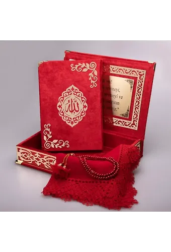 Şal + Tesbih + Kuran Hediye Seti (Orta Boy, ŞemsLafzatullah, Gold Pleksi, Raşel Kutu, Kırmızı)