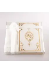 Şal + Tesbih + Kuran Hediye Seti (Çanta Boy, Standart Cilt, Beyaz)