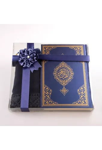 Şal + Tesbih + Kuran Hediye Seti (Hafız Boy, Standart Cilt, Lacivert)