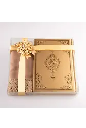 Şal + Tesbih + Kuran Hediye Seti (Çanta Boy, Standart Cilt, Gold)
