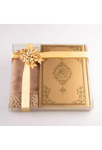 Şal + Tesbih + Kuran Hediye Seti (Çanta Boy, Standart Cilt, Gold)