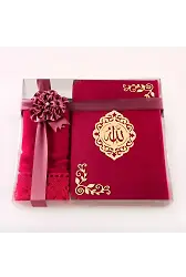 Şal + Tesbih + Kuran Hediye Seti (Hafız Boy, Kadife, Şems Lafzatullah, Fuşya Pembe)