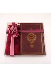 Şal + Tesbih + Kuran Hediye Seti (Hafız Boy, Termo Deri, Bordo)