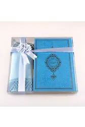 Şal + Tesbih + Kuran Hediye Seti (Hafız Boy, Termo Deri, Açık Mavi)