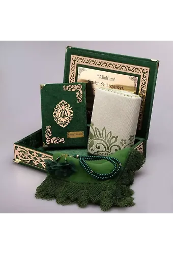 Şal + Seccade + Tesbih + Kuran Hediye Seti (Orta B. Şems Lafzatullah Gold Pleksi Raşel Kutu, Yeşil)