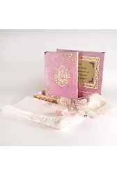 Şal + Seccade + Tesbih + Kuran Hediye Seti (Orta B. ŞemsLafzatullah Gold Pleksi Raşel Kutu, B.Pembe)