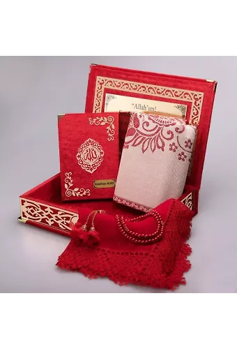 Şal + Seccade + Tesbih + Kuran Hediye Seti (Orta B. ŞemsLafzatullah Gold Pleksi Raşel Kutu, Kırmızı)