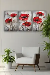 Kırmızı Çiçek Üçlü Mdf Tablo