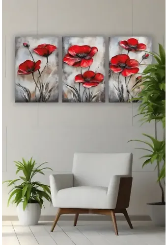 Kırmızı Çiçek Üçlü Mdf Tablo