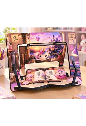 Masalsı Unicorn Temalı Ahşap Kitap ve Tablet Standı