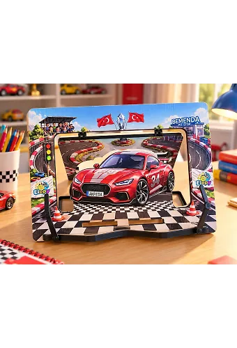 Spor Araba Temalı Ahşap Masaüstü Kitap ve Tablet Standı