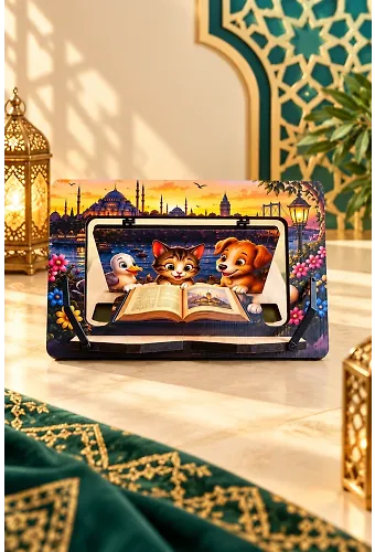 Sevimli Hayvanlar Ahşap Çocuk Kitap Okuma ve Tablet Standı